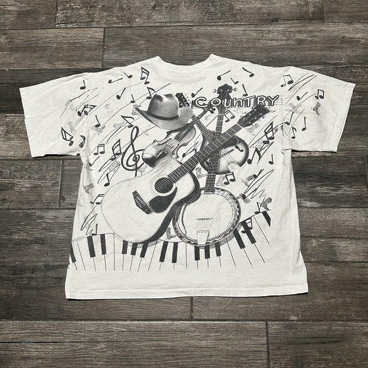 VTG 90s COUNTRY MUSIC FESTIVAL AOP ALL OVER PRINT WHITE T-SHIRT 2XL BRANSON Yesterday's Fits Clothing Fashion Vintage Streetwear Fashion Item