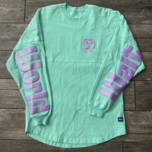 SPIRIT JERSEY WALT DISNEY WORLD TEAL PURPLE SPARKLE LONG SLEEVE SHIRT SZ S Yesterday's Fits Clothing Fashion Vintage Streetwear Fashion Item