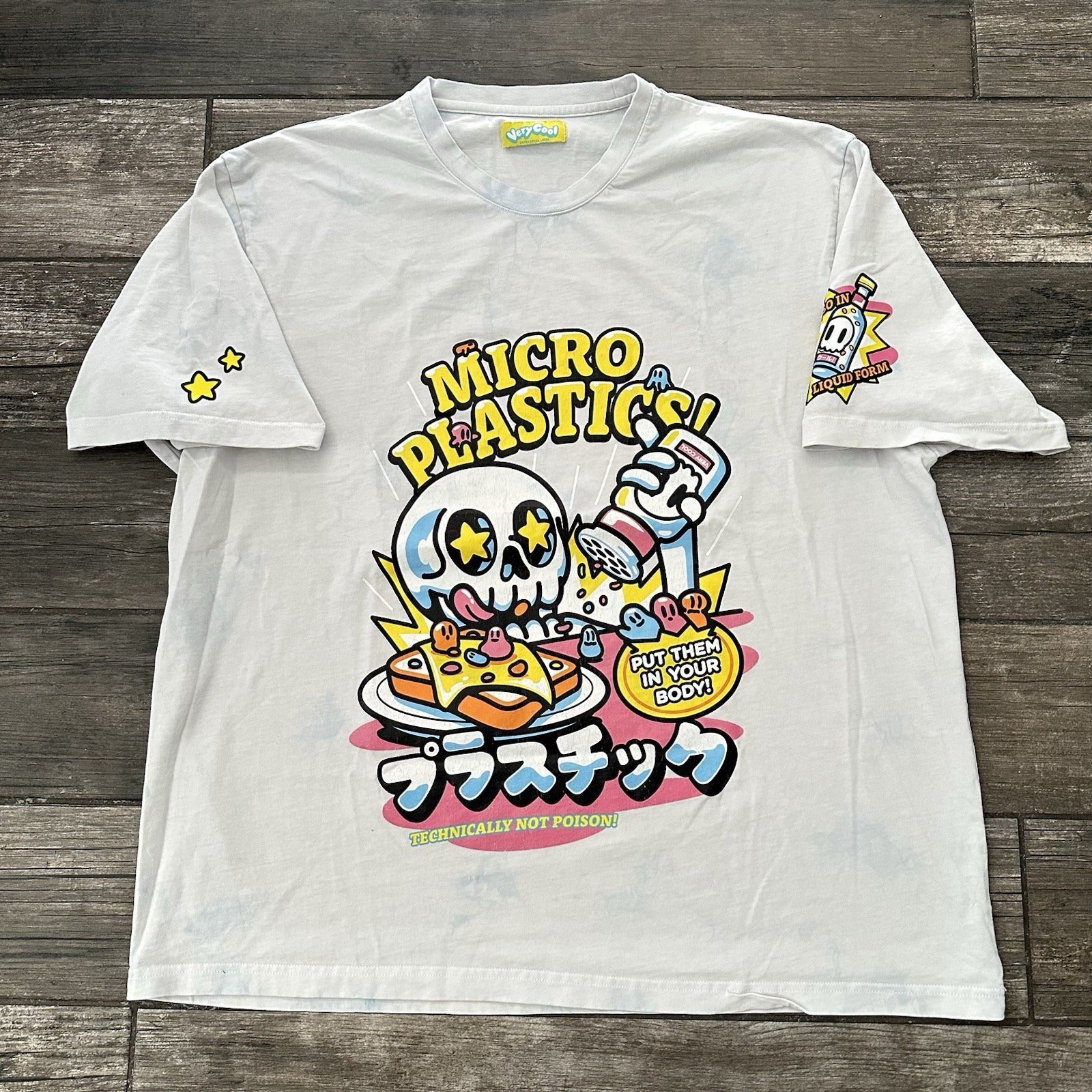 'VERY COOL' MICRO PLASTICS CARTOON HEAVYWEIGHT BLUE WHITE DYED T-SHIRT 2XL Yesterday's Fits Clothing Fashion Vintage Streetwear Fashion Item