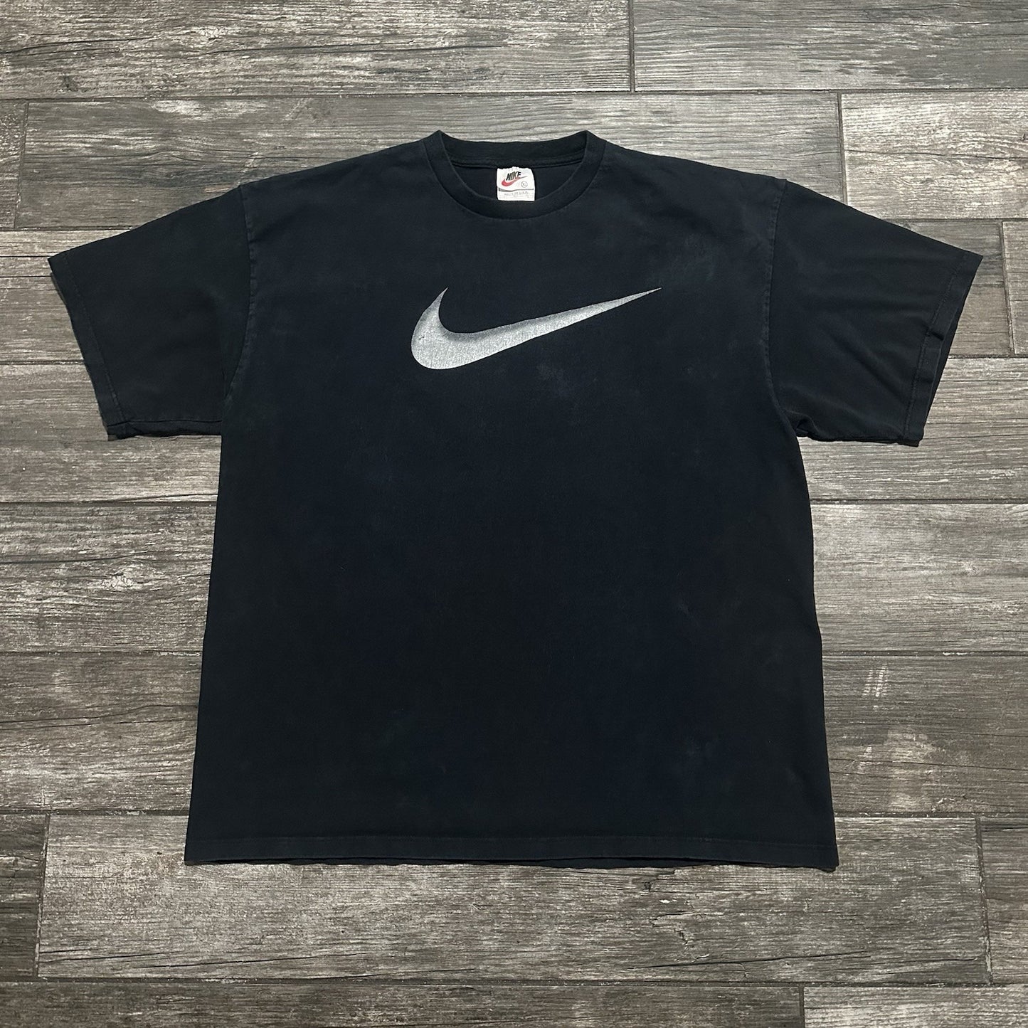 VTG NIKE CENTER SWOOSH BLACK SILVER CHECK TEE FADED T-SHIRT SZ XL USA WHITE TAG Yesterday's Fits Clothing Fashion Vintage Streetwear Fashion Item