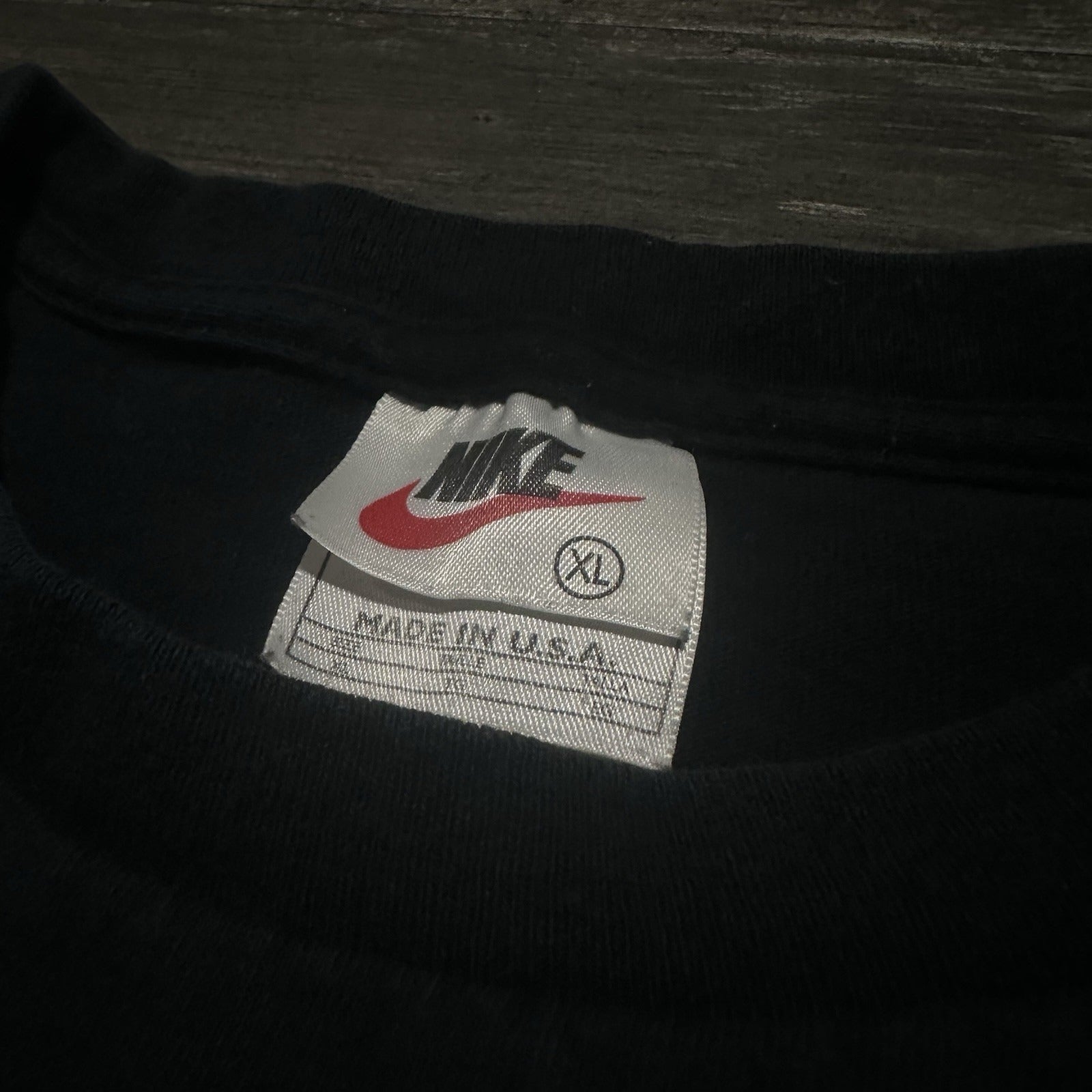VTG NIKE CENTER SWOOSH BLACK SILVER CHECK TEE FADED T-SHIRT SZ XL USA WHITE TAG Yesterday's Fits Clothing Fashion Vintage Streetwear Fashion Item
