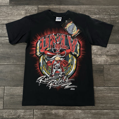 NWT VTG UNLV RUNNIN REBELS BIG PRINT COLLEGE BLACK T-SHIRT INTIMIDATOR SZ M Yesterday's Fits Clothing Fashion Vintage Streetwear Fashion Item
