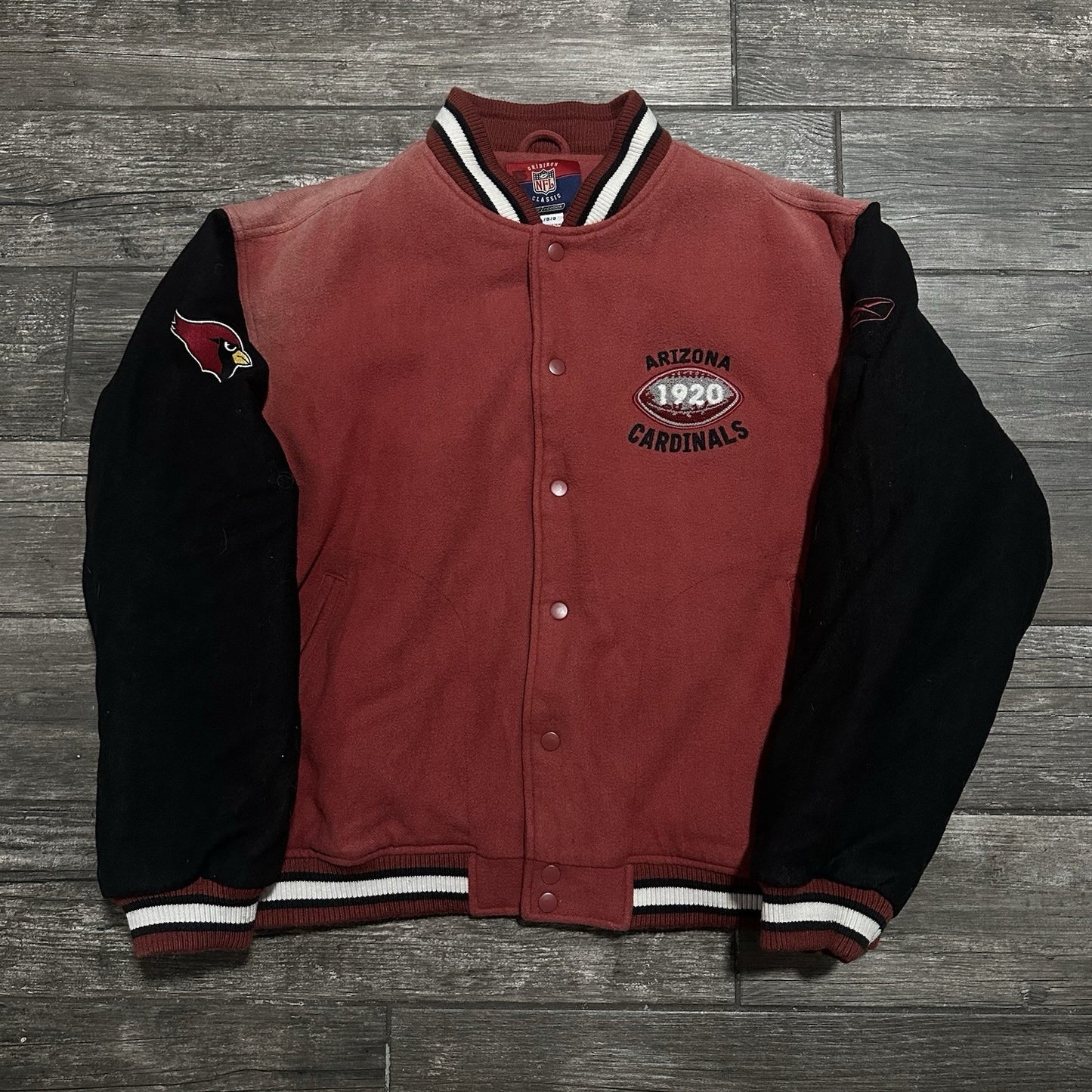 VTG REEBOK ARIZONA CARDINALS LETTERMAN VARSITY NFL BOMBER JACKET RED FADED SZ L Yesterday's Fits Clothing Fashion Vintage Streetwear Fashion Item
