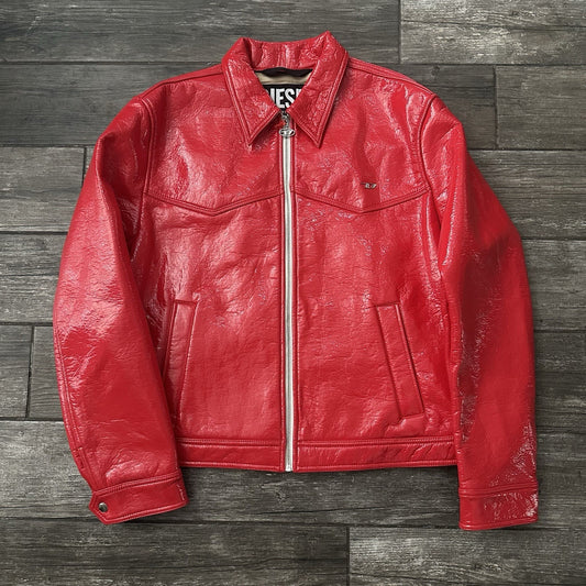 DIESEL J-LOU VINYL-EFFECT RED TRUCKER JACKET ZIP UP SZ 2XL FAUX LEATHER (J) Yesterday's Fits Clothing Fashion Vintage Streetwear Fashion Item
