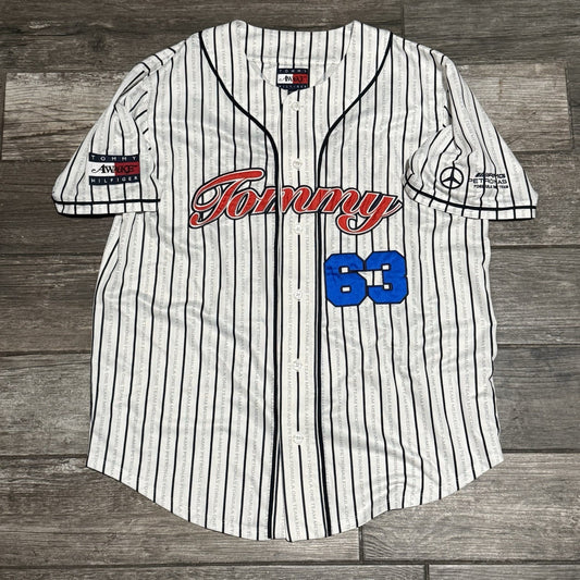 TOMMY HILFIGER AWAKE MERCEDES F1 GEORGE WHITE STRIPED BASEBALL JERSEY SZ 2XL Yesterday's Fits Clothing Fashion Vintage Streetwear Fashion Item