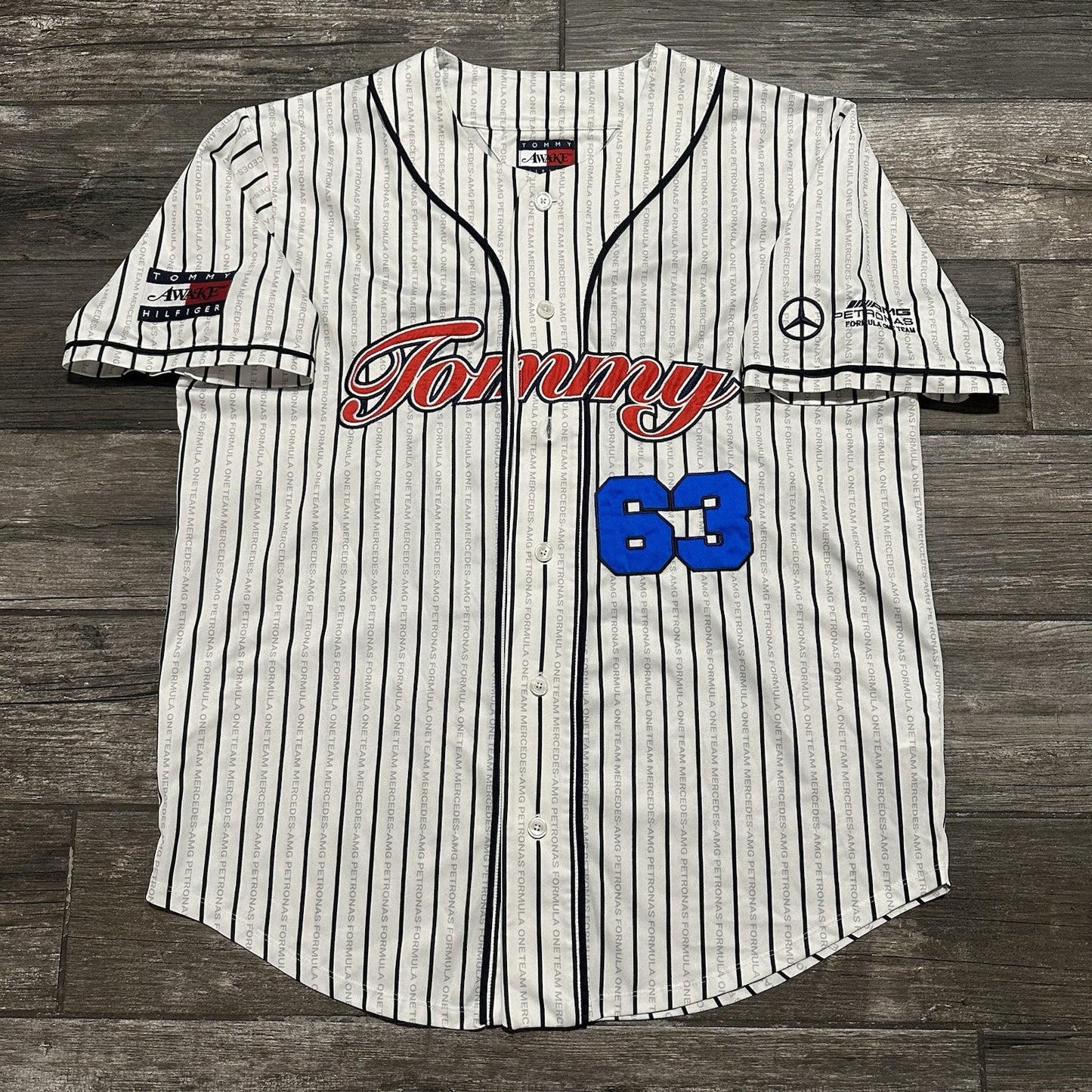 TOMMY HILFIGER AWAKE MERCEDES F1 GEORGE WHITE STRIPED BASEBALL JERSEY SZ 2XL Yesterday's Fits Clothing Fashion Vintage Streetwear Fashion Item