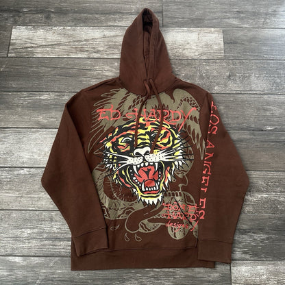 ED HARDY BROWN PULLOVER HOODIE SWEATSHIRT SZ M TIGER LOS ANGELES RHINESTONE Yesterday's Fits Clothing Fashion Vintage Streetwear Fashion Item