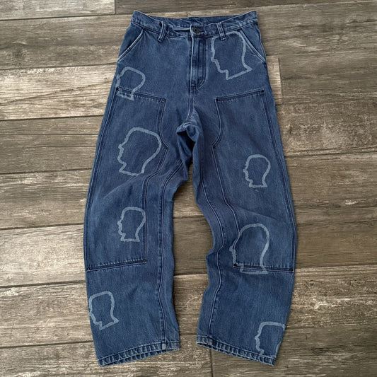BRAIN DEAD HEAD PRINT AOP DOUBLE KNEE DENIM CARPENTER PANTS SZ 28 UTILITY JEANS Yesterday's Fits Clothing Fashion Vintage Streetwear Fashion Item