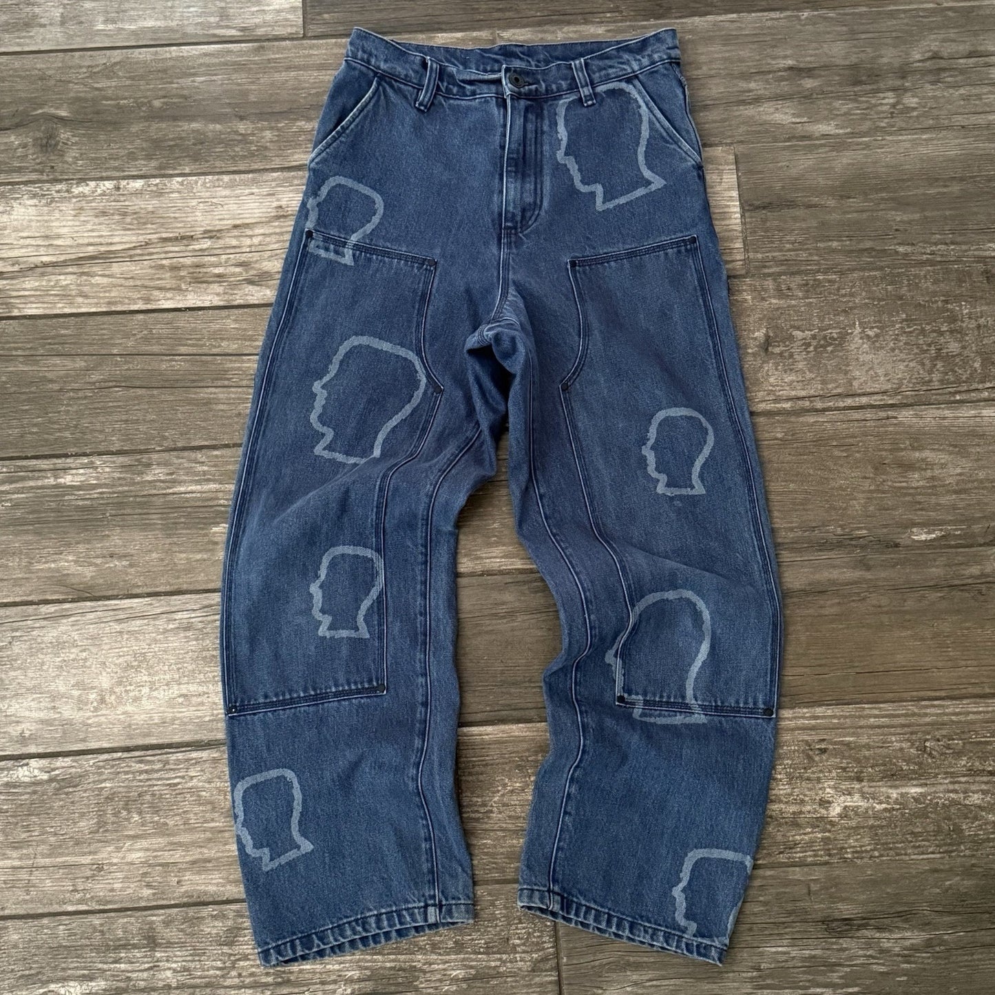 BRAIN DEAD HEAD PRINT AOP DOUBLE KNEE DENIM CARPENTER PANTS SZ 28 UTILITY JEANS Yesterday's Fits Clothing Fashion Vintage Streetwear Fashion Item