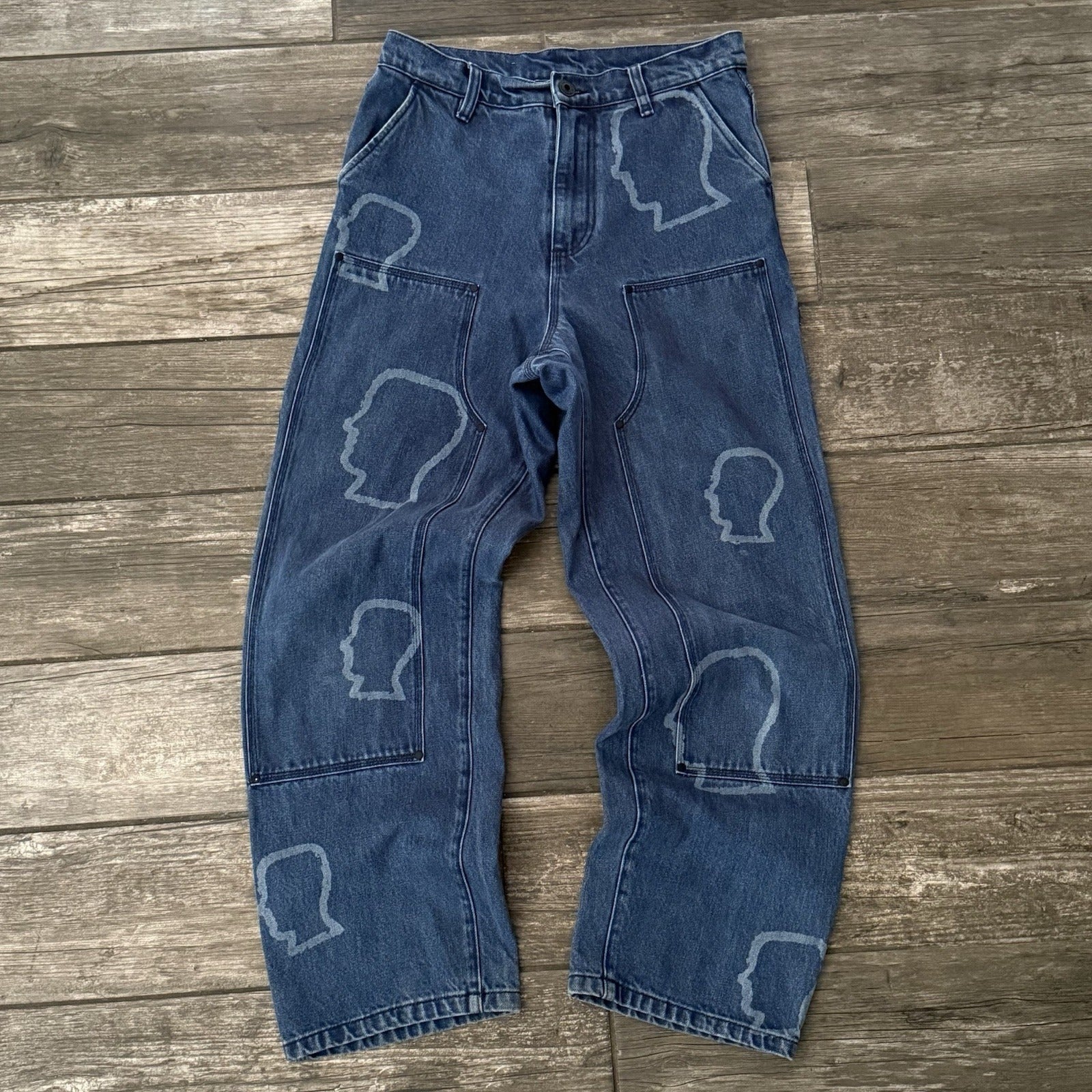 BRAIN DEAD HEAD PRINT AOP DOUBLE KNEE DENIM CARPENTER PANTS SZ 28 UTILITY JEANS Yesterday's Fits Clothing Fashion Vintage Streetwear Fashion Item