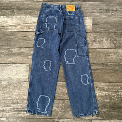 BRAIN DEAD HEAD PRINT AOP DOUBLE KNEE DENIM CARPENTER PANTS SZ 28 UTILITY JEANS Yesterday's Fits Clothing Fashion Vintage Streetwear Fashion Item