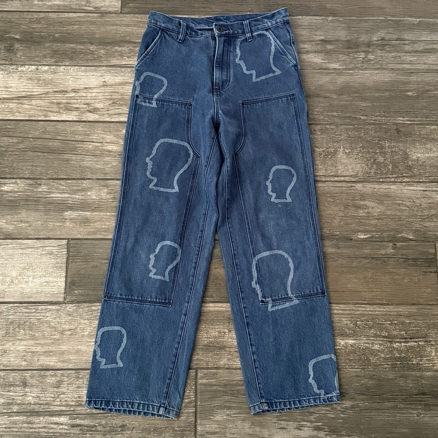 BRAIN DEAD HEAD PRINT AOP DOUBLE KNEE DENIM CARPENTER PANTS SZ 28 UTILITY JEANS Yesterday's Fits Clothing Fashion Vintage Streetwear Fashion Item