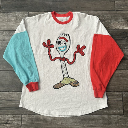DISNEY SPIRIT JERSEY TOY STORY FORKY LONG SLEEVE SHIRT WHITE RED BLUE SZ L Yesterday's Fits Clothing Fashion Vintage Streetwear Fashion Item