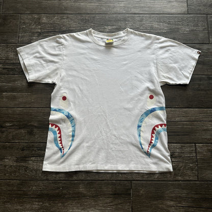 BAPE A BATHING APE DUAL SHARK FACE WHITE BLUE ACCENTS T-SHIRT TEE SZ M Yesterday's Fits Clothing Fashion Vintage Streetwear Fashion Item