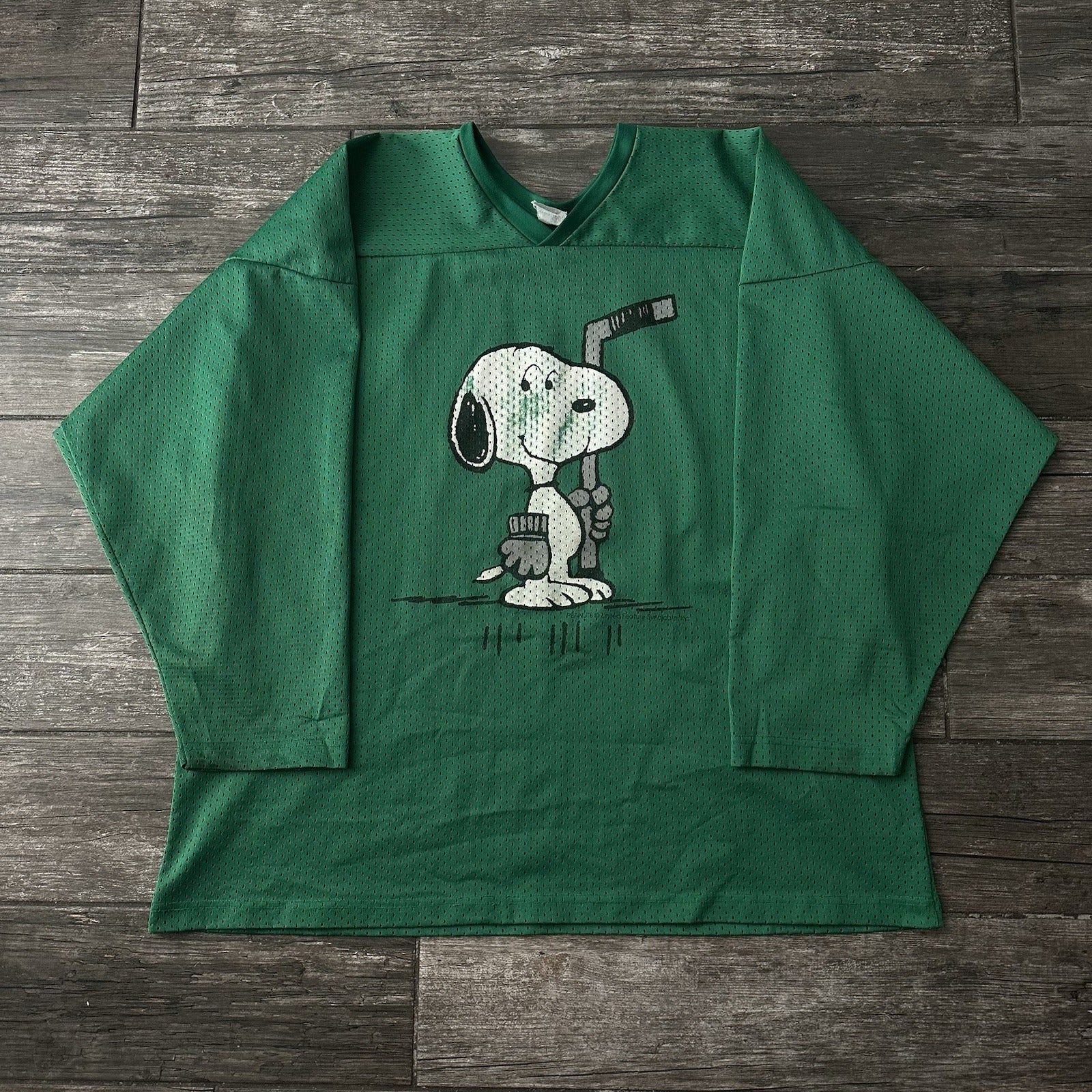 VTG PEANUTS SNOOPY GREEN HOCKEY MESH LONG SLEEVE JERSEY SZ XL Yesterday's Fits Clothing Fashion Vintage Streetwear Fashion Item