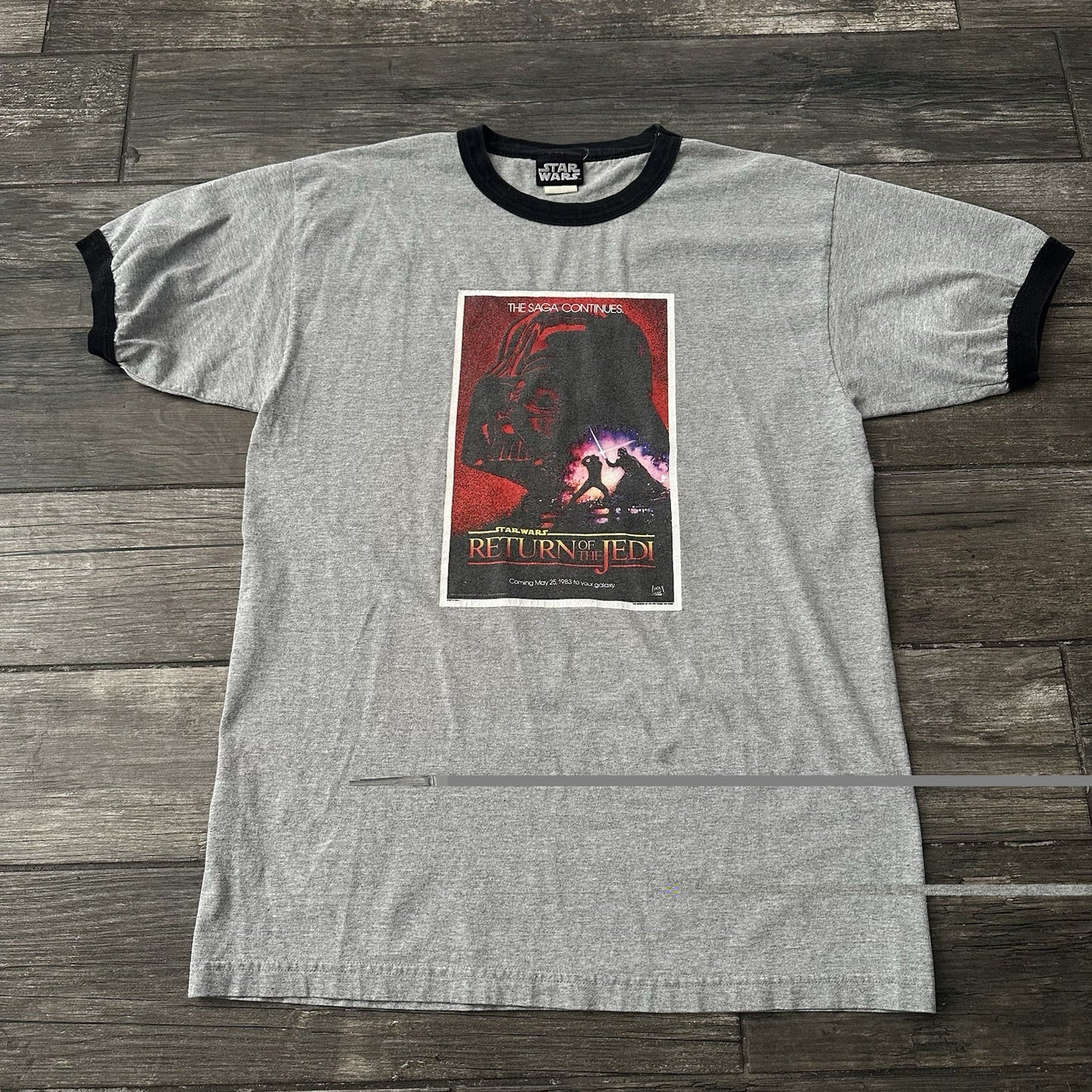 Y2K VTG STAR WARS RETURN OF THE JEDI GREY RINGER GRAPHIC MOVIE PROMO SHIRT SZ L Yesterday's Fits Clothing Fashion Vintage Streetwear Fashion Item