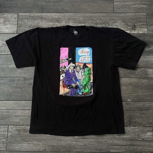 STUSSY REAL DEAL COMIX MAGAZINE COMIC GRAPHIC T-SHIRT BLACK TEE SZ XL Yesterday's Fits Clothing Fashion Vintage Streetwear Fashion Item