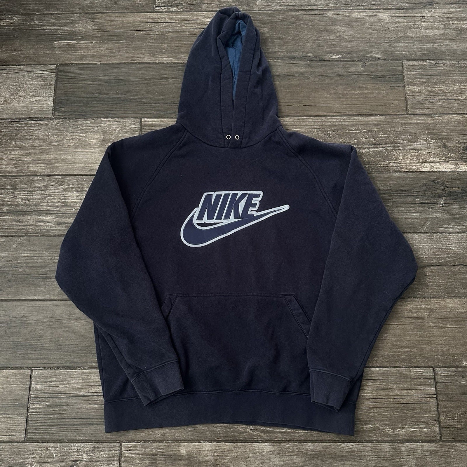 Y2K NIKE CENTER SWOOSH BIG LOGO HOODIE NAVY BLUE SWEATSHIRT FITS SZ XL FADED Yesterday's Fits Clothing Fashion Vintage Streetwear Fashion Item