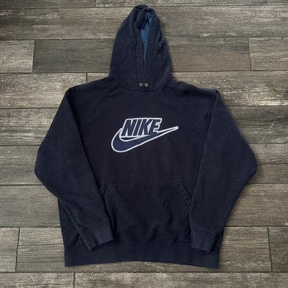 Y2K NIKE CENTER SWOOSH BIG LOGO HOODIE NAVY BLUE SWEATSHIRT FITS SZ XL FADED Yesterday's Fits Clothing Fashion Vintage Streetwear Fashion Item