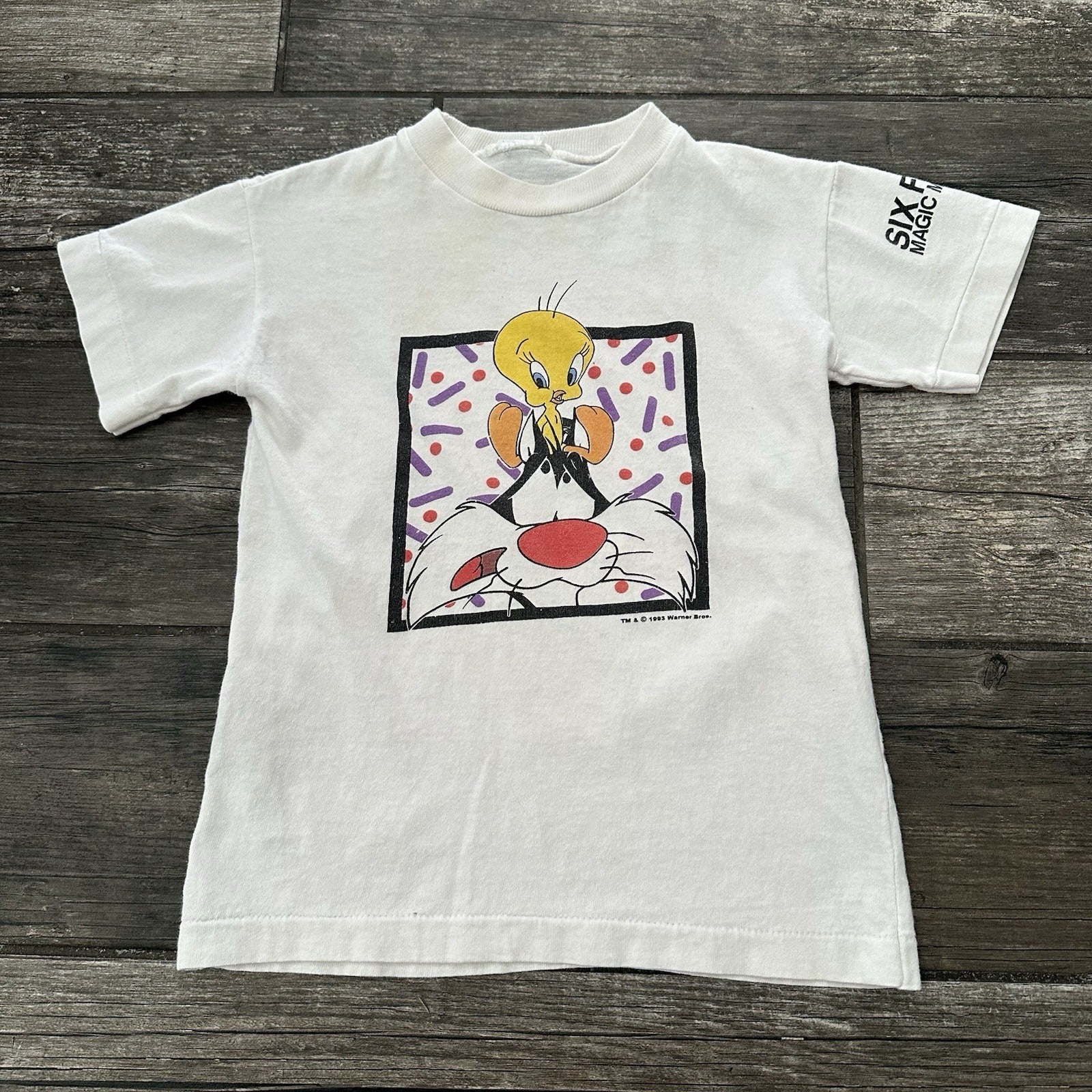 VTG 1993 LOONEY TUNES TWEETY BIRD SYLVESTER CAT WHITE T-SHIRT SIX FLAGS S 6-8 Yesterday's Fits Clothing Fashion Vintage Streetwear Fashion Item