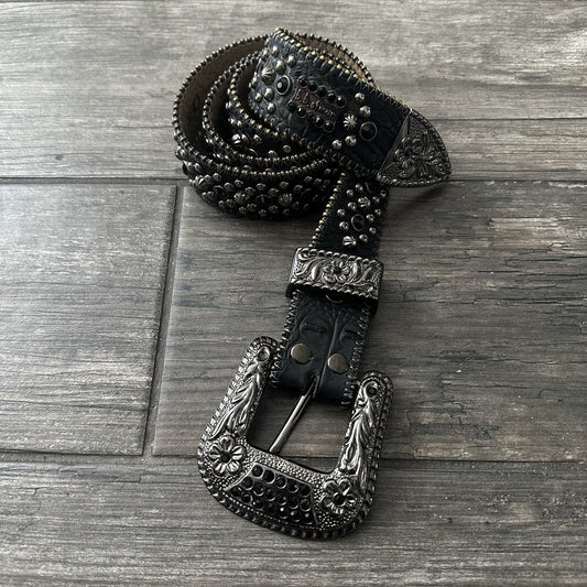 BB SIMON USA MADE TORJAN CRYSTAL BELT JET-BLACK SZ 36 LEATHER (J) Yesterday's Fits Clothing Fashion Vintage Streetwear Fashion Item