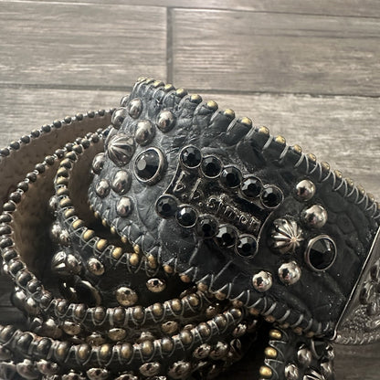 BB SIMON USA MADE TORJAN CRYSTAL BELT JET-BLACK SZ 36 LEATHER (J) Yesterday's Fits Clothing Fashion Vintage Streetwear Fashion Item