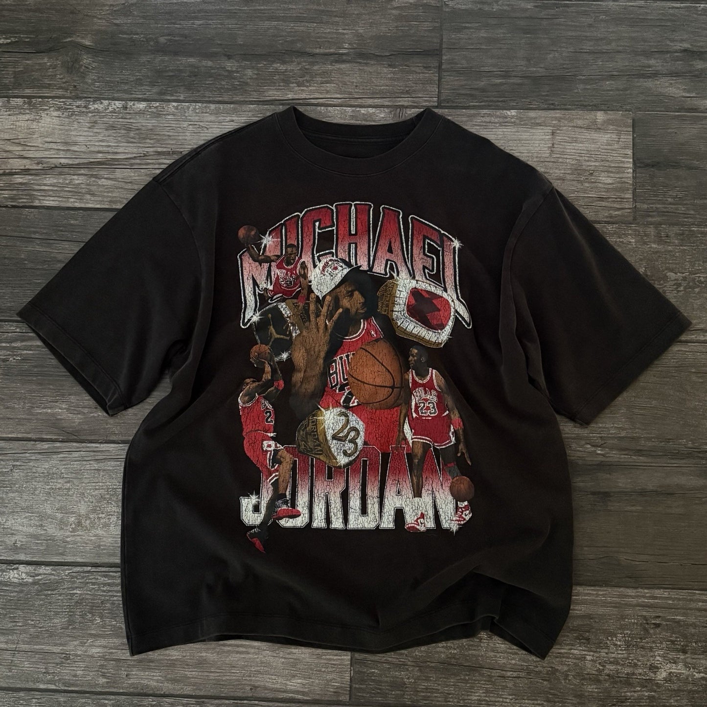 AIR JORDAN RINGS HEAVYWEIGHT 'DISTRESSED' TEE T-SHIRT SZ M OVERSIZED BASKETBALL Yesterday's Fits Clothing Fashion Vintage Streetwear Fashion Item