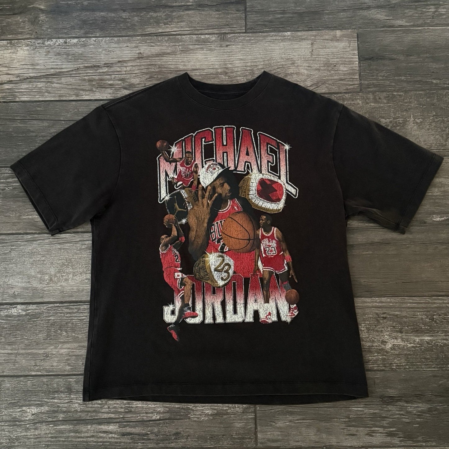 AIR JORDAN RINGS HEAVYWEIGHT 'DISTRESSED' TEE T-SHIRT SZ M OVERSIZED BASKETBALL Yesterday's Fits Clothing Fashion Vintage Streetwear Fashion Item