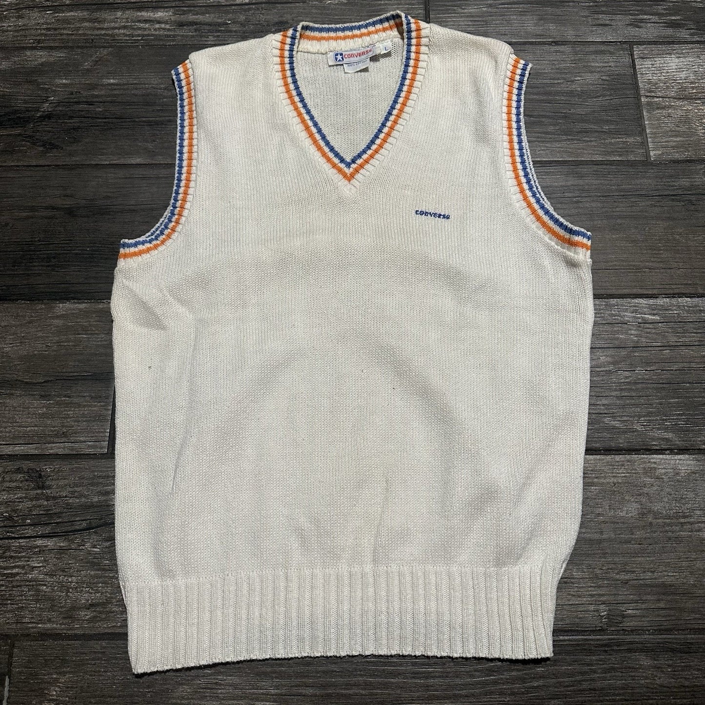 VTG 80s CONVERSE KNIT SWEATER VEST SZ L WHITE ORANGE BLUE SLEEVELESS Yesterday's Fits Clothing Fashion Vintage Streetwear Fashion Item