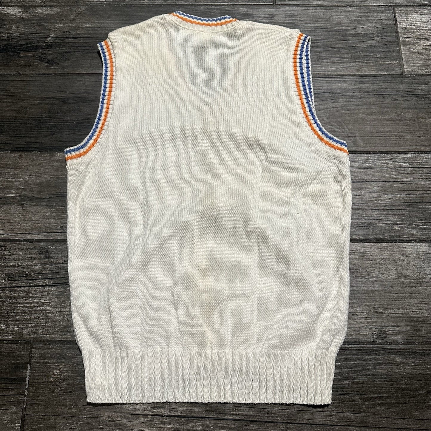 VTG 80s CONVERSE KNIT SWEATER VEST SZ L WHITE ORANGE BLUE SLEEVELESS Yesterday's Fits Clothing Fashion Vintage Streetwear Fashion Item