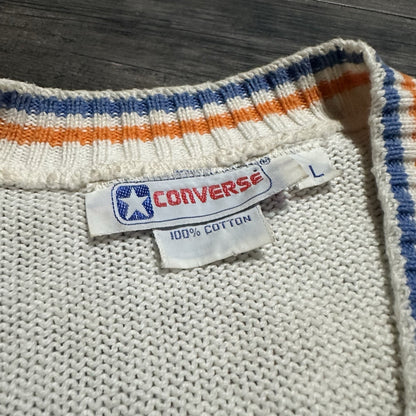 VTG 80s CONVERSE KNIT SWEATER VEST SZ L WHITE ORANGE BLUE SLEEVELESS Yesterday's Fits Clothing Fashion Vintage Streetwear Fashion Item