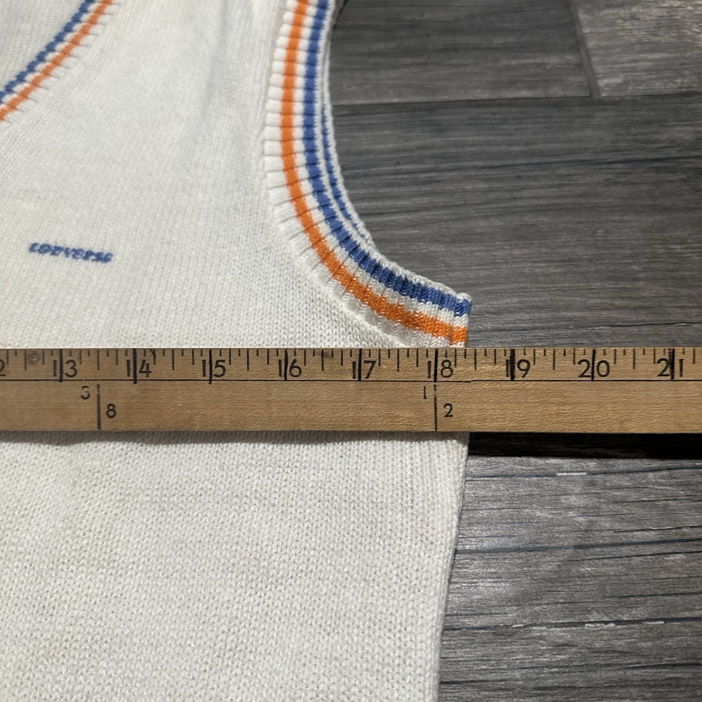 VTG 80s CONVERSE KNIT SWEATER VEST SZ L WHITE ORANGE BLUE SLEEVELESS Yesterday's Fits Clothing Fashion Vintage Streetwear Fashion Item