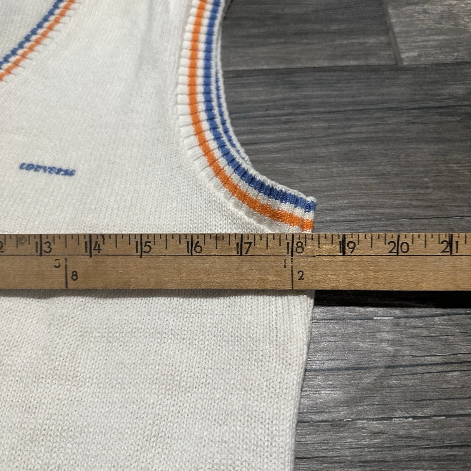 VTG 80s CONVERSE KNIT SWEATER VEST SZ L WHITE ORANGE BLUE SLEEVELESS Yesterday's Fits Clothing Fashion Vintage Streetwear Fashion Item