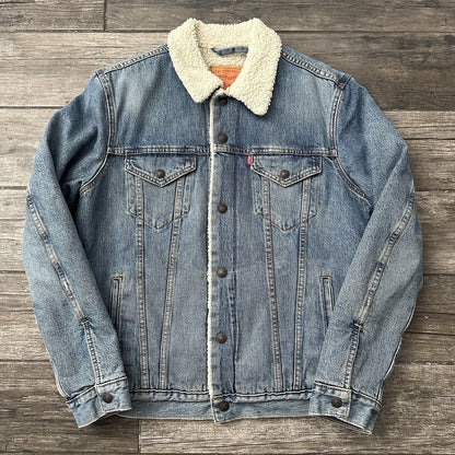 LEVIS LIGHT BLUE DENIM JEAN SHERPA JACKET BUTTON UP COAT SZ M DOUBLE POCKET