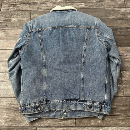 LEVIS LIGHT BLUE DENIM JEAN SHERPA JACKET BUTTON UP COAT SZ M DOUBLE POCKET