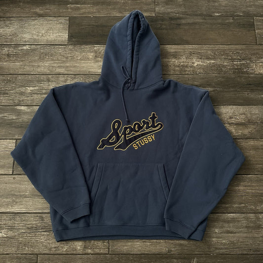 NWT STUSSY SPORT BLUE PULLOVER HEAVYWEIGHT HOODIE SWEATSHIRT SZ XL SATIN PATCH Yesterday's Fits Clothing Fashion Vintage Streetwear Fashion Item