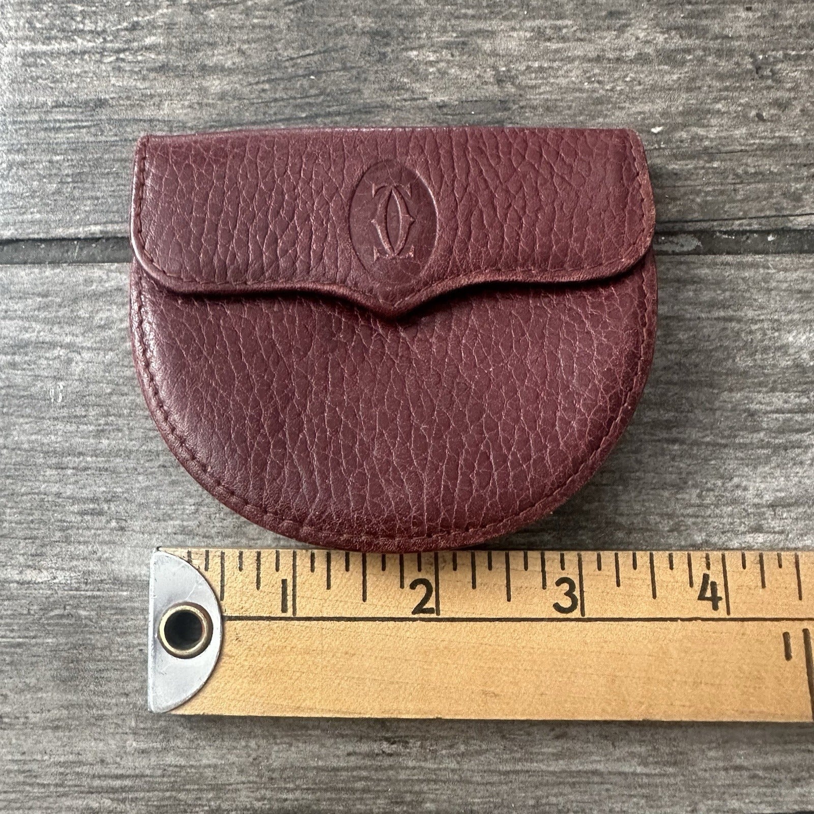 VTG CARTIER BURGUNDY COIN PURSE BORDEAUX POUCH CALFSKIN LEATHER SEMI-CIRCLE (J) Yesterday's Fits Clothing Fashion Vintage Streetwear Fashion Item