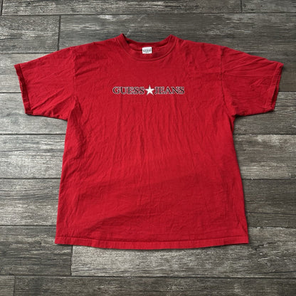 VTG 90s GUESS JEANS USA STAR RED SHORT SLEEVE SPELL OUT GRAPHIC T-SHIRT XL
