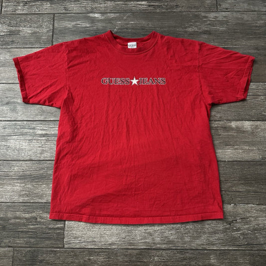 VTG 90s GUESS JEANS USA STAR RED SHORT SLEEVE SPELL OUT GRAPHIC T-SHIRT XL Yesterday's Fits Clothing Fashion Vintage Streetwear Fashion Item
