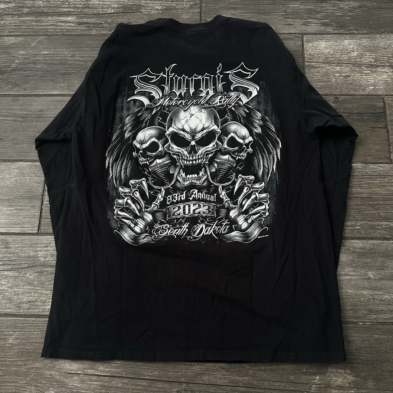 2023 STURGIS BIKE MOTORCYCLES BLACK LONG SLEEVE SKELETONS SKULLS QUAD HIT SZ L Yesterday's Fits Clothing Fashion Vintage Streetwear Fashion Item