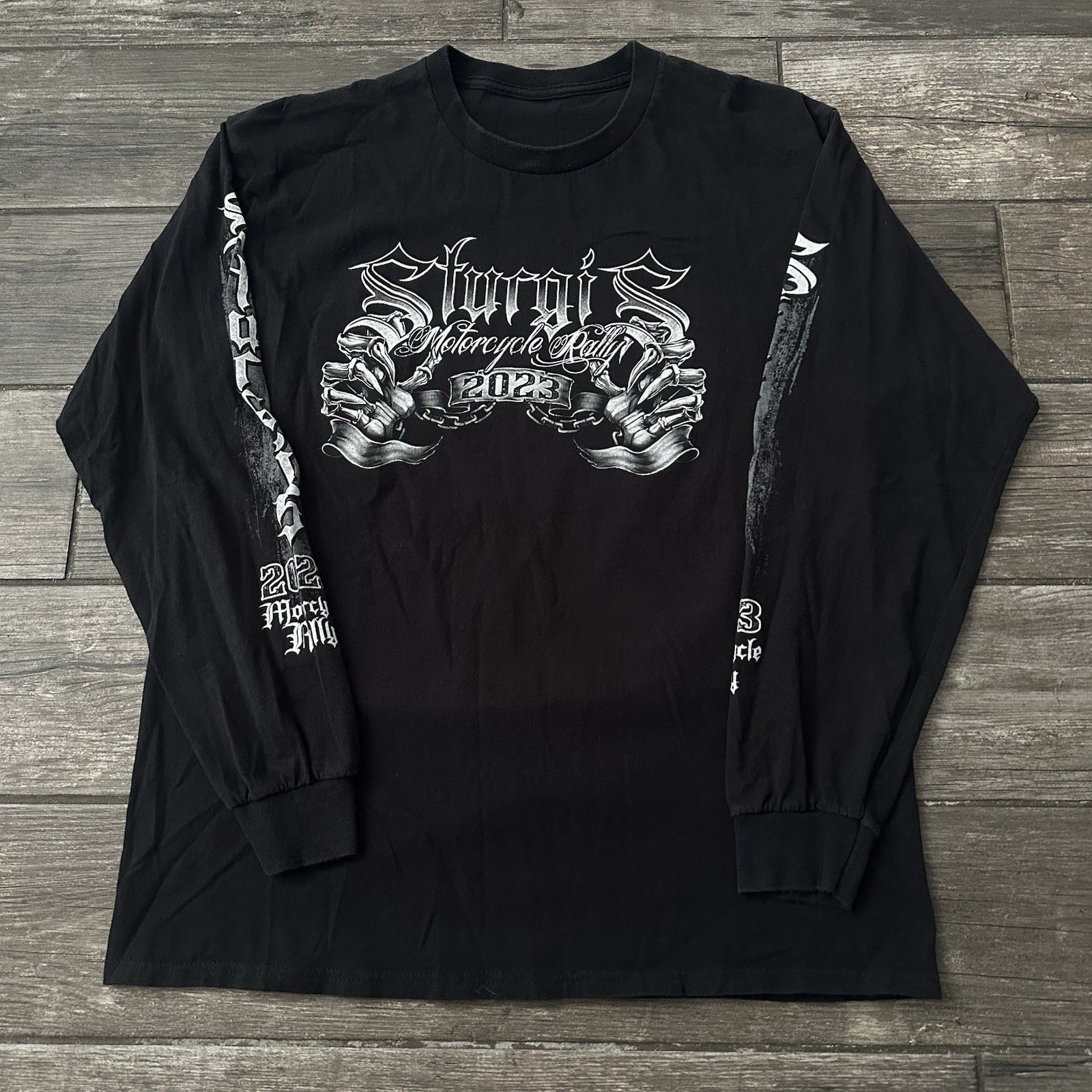 2023 STURGIS BIKE MOTORCYCLES BLACK LONG SLEEVE SKELETONS SKULLS QUAD HIT SZ L Yesterday's Fits Clothing Fashion Vintage Streetwear Fashion Item