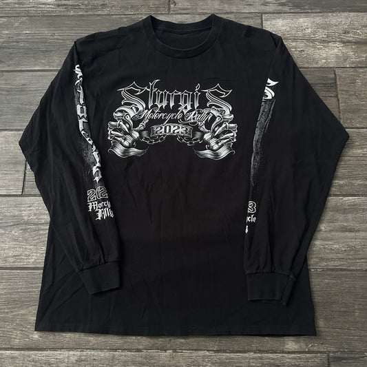 2023 STURGIS BIKE MOTORCYCLES BLACK LONG SLEEVE SKELETONS SKULLS QUAD HIT SZ L Yesterday's Fits Clothing Fashion Vintage Streetwear Fashion Item