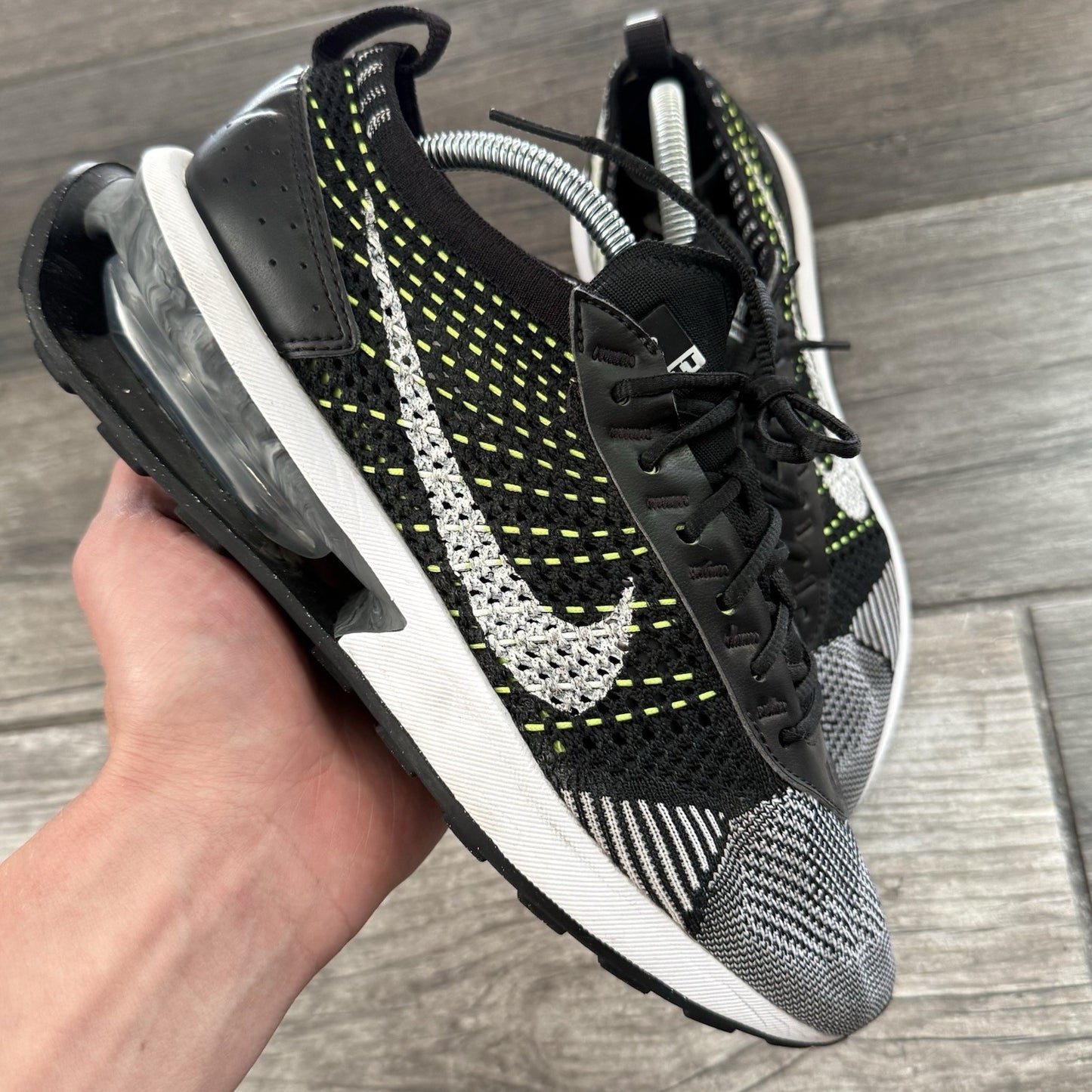 WMNS NIKE AIR MAX FLYKNIT RACER BLACK WHITE VOLT SZ 7.5 DM9073-002 SNEAKERS Yesterday's Fits Clothing Fashion Vintage Streetwear Fashion Item