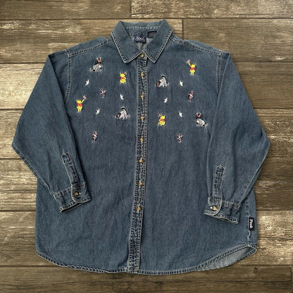 VTG DISNEY WINNIE THE POOH BLUE DENIM JEAN SHIRT BUTTON UP EMBROIDERED WOMEN XL Yesterday's Fits Clothing Fashion Vintage Streetwear Fashion Item