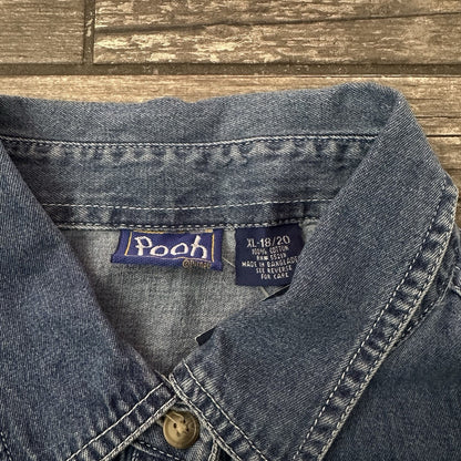 VTG DISNEY WINNIE THE POOH BLUE DENIM JEAN SHIRT BUTTON UP EMBROIDERED WOMEN XL Yesterday's Fits Clothing Fashion Vintage Streetwear Fashion Item