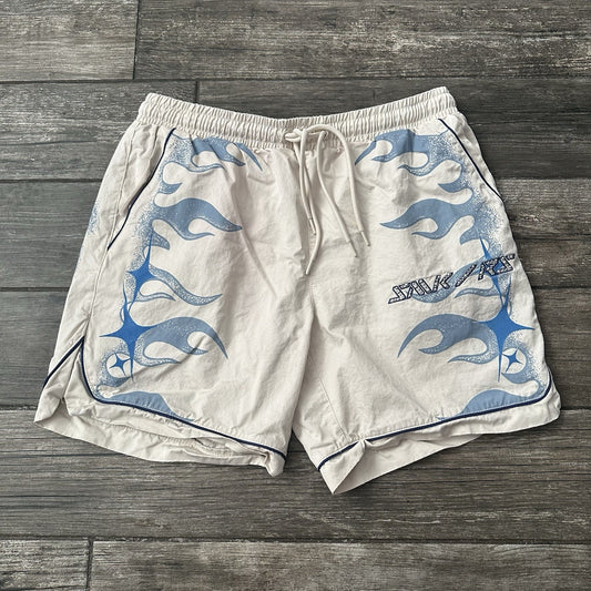 SMOKE RISE SUPER SONIC WOVEN SHORTS OFF-WHITE BLUE FLAMES SZ L BAGGY Yesterday's Fits Clothing Fashion Vintage Streetwear Fashion Item