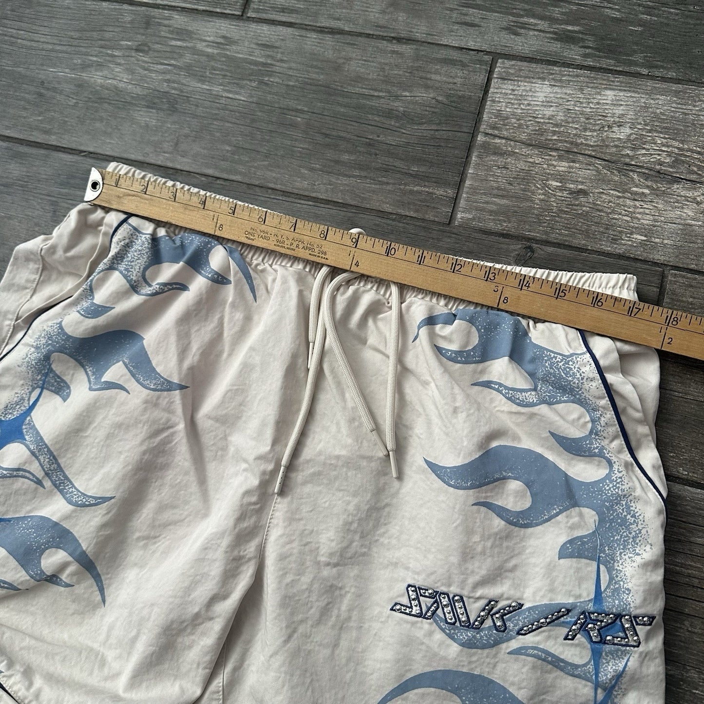 SMOKE RISE SUPER SONIC WOVEN SHORTS OFF-WHITE BLUE FLAMES SZ L BAGGY Yesterday's Fits Clothing Fashion Vintage Streetwear Fashion Item
