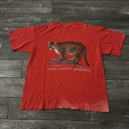 VTG COUGAR NATIONAL WILDLIFE FEDERATION 2XL FADED DISTRESSED T-SHIRT TEE RED Yesterday's Fits Clothing Fashion Vintage Streetwear Fashion Item