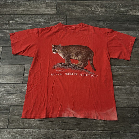 VTG COUGAR NATIONAL WILDLIFE FEDERATION 2XL FADED DISTRESSED T-SHIRT TEE RED Yesterday's Fits Clothing Fashion Vintage Streetwear Fashion Item