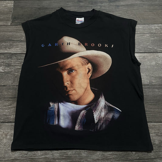 VTG 90s GARTH BROOKS TOUR TEE BLACK CHOPPED T-SHIRT CROPPED SZ L HANES Yesterday's Fits Clothing Fashion Vintage Streetwear Fashion Item